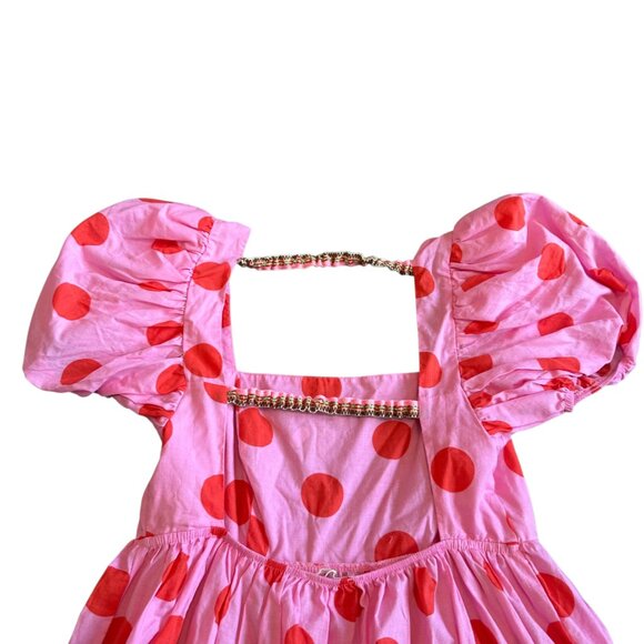 Pitusa Pink Polka Dot Babydoll Mini Dress Puff Sleeves Open Back Size Small NWT - Picture 9 of 13